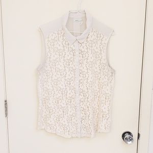 Off-white/cream Button Up Sleeveless Lace Shirt L